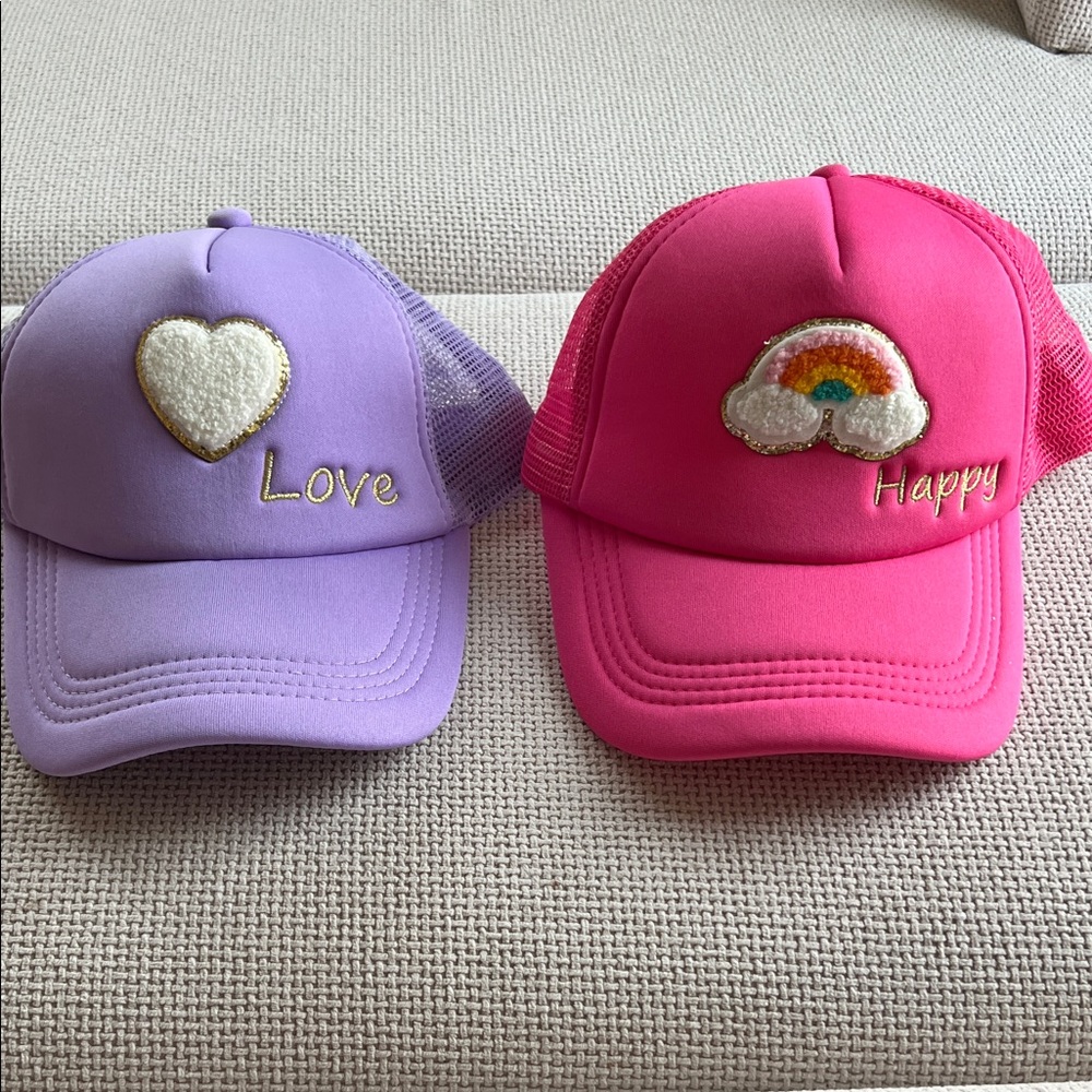 2 snap back caps purple love heart and pink happy rainbow